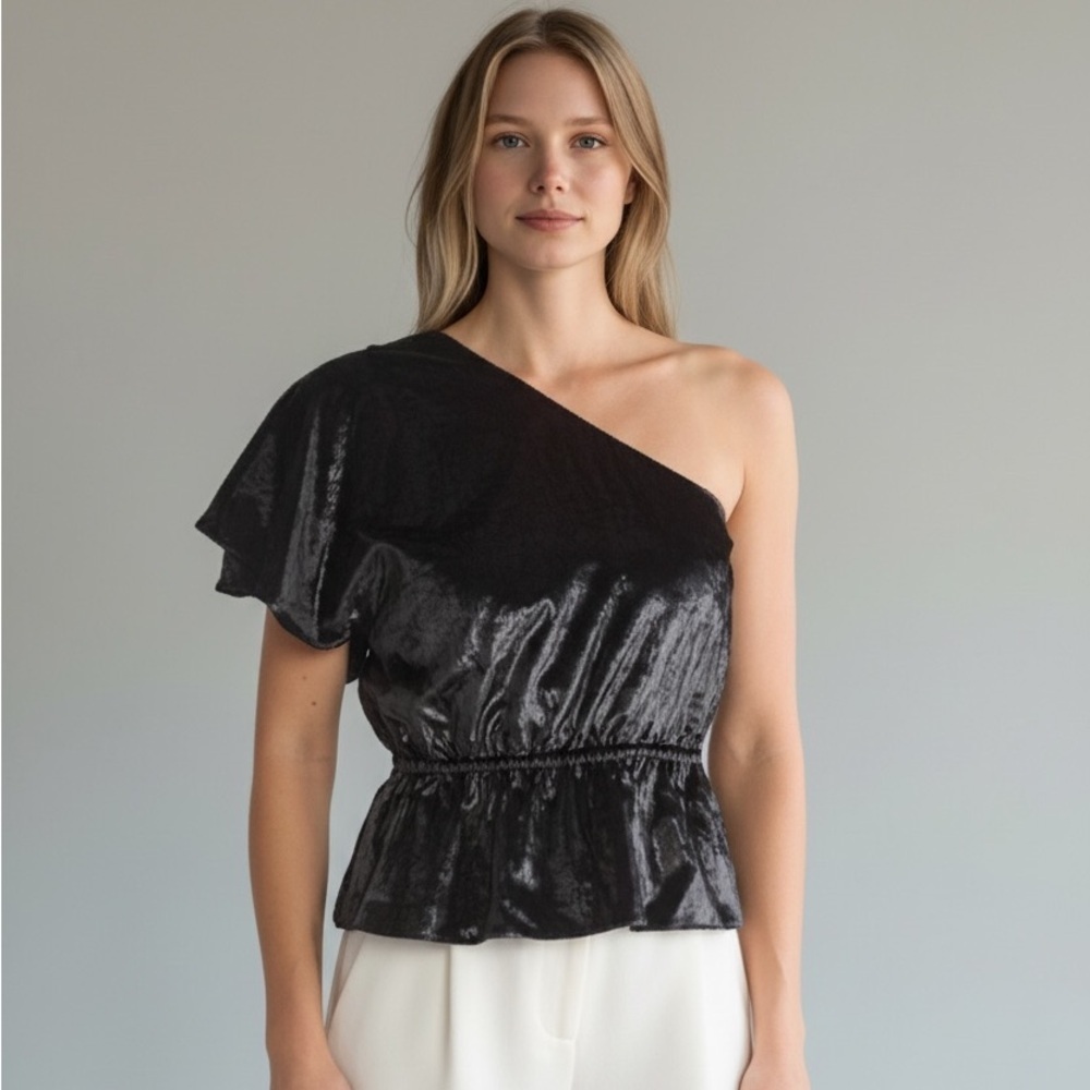 New 7 For All Mankind One Shoulder Metallic Woven Black XS Y2K Going Out Top
